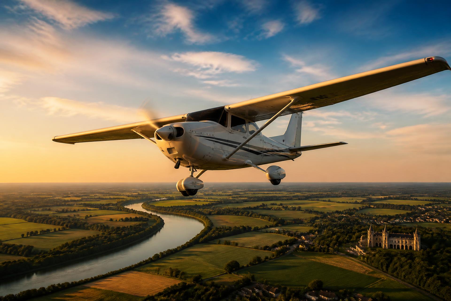 Avion léger survolant la campagne française au coucher du soleil